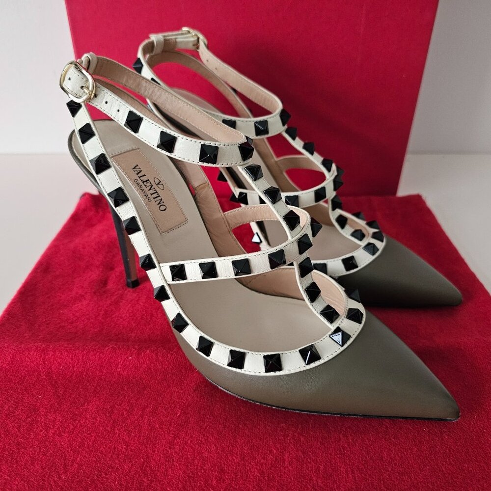 AUTH VALENTINO GARAVANI Rockstud Taupe Green Ankle Strap Shoe Heels 36/6, 100mm - Picture 3 of 15